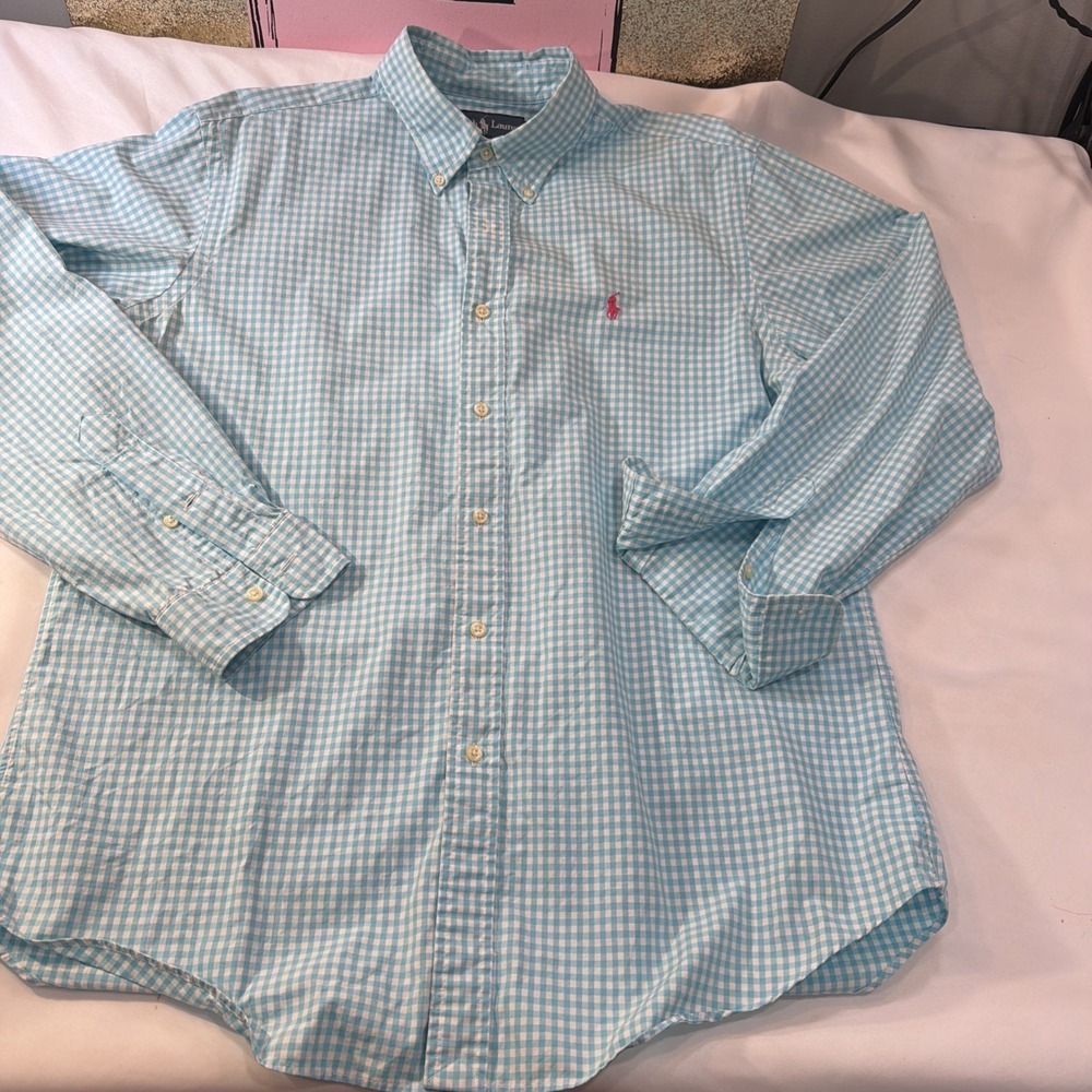 Ralph‎ Lauren L Button Down Cotton Shirt Turquoise Plaid Long Sleeve Spring 452